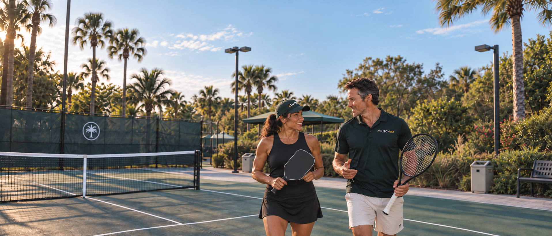 A tennis and pickleball coach walking together on a sunlit court
