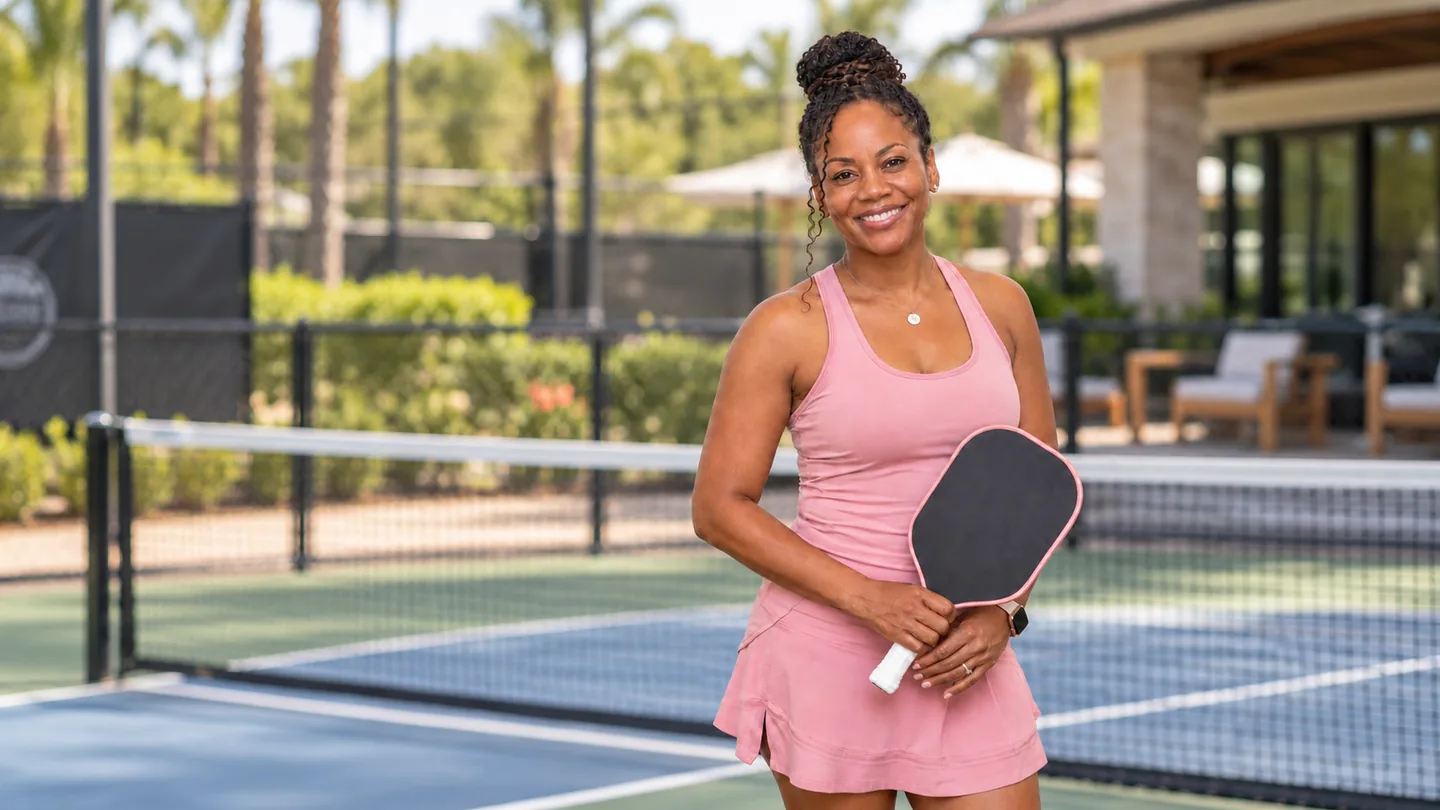 Pickleball coach standing on a club court with a paddle, clubhouse and palms behind her.